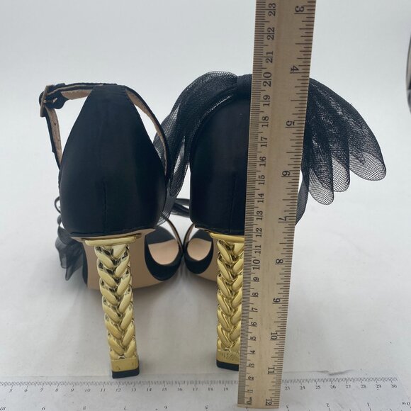 FSJ Black Mesh Gold Metal Chain Chunky High Heels Ankle Strap Open Toe Sandals - Picture 5 of 8